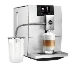 JURA ENA 8 Espresso Machine - Massive Aluminum -Gaggia Store ENA 8 Massive Aluminum angle latte macchiato Glass Milk Container