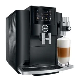 JURA S8 Black Espresso Machine 14 JURA S8 Black Espresso Machine -Gaggia Store S8 Piano Black left angle latte macchiato
